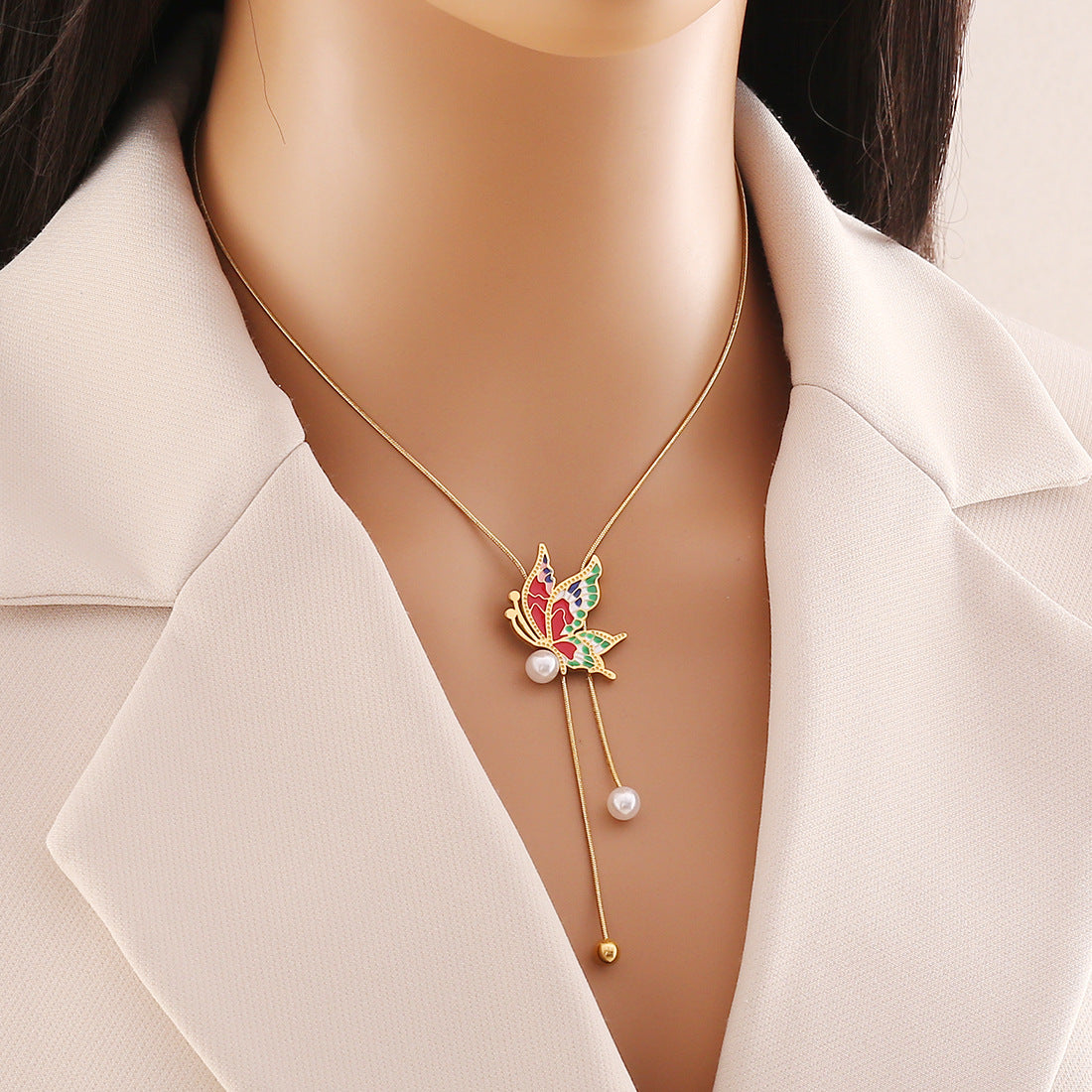 Vintage Enamel Butterfly Necklace Set in Stainless Steel with Snake Chain for Women