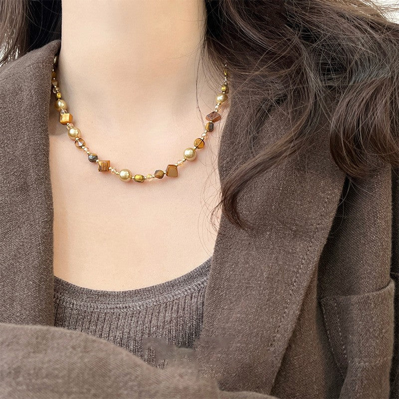 Collana con Ciondolo Vintage a Occhio di Tigre Geometrico Placcata Oro 18K Lunga per Maglione da Donna