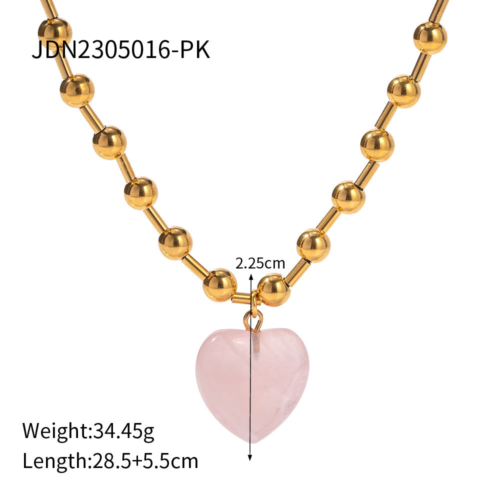 Collana trendy con cuore geometrico in perline di vetro trasparente in acciaio inossidabile placcato oro 18 carati con catena a strati rotonda da donna
