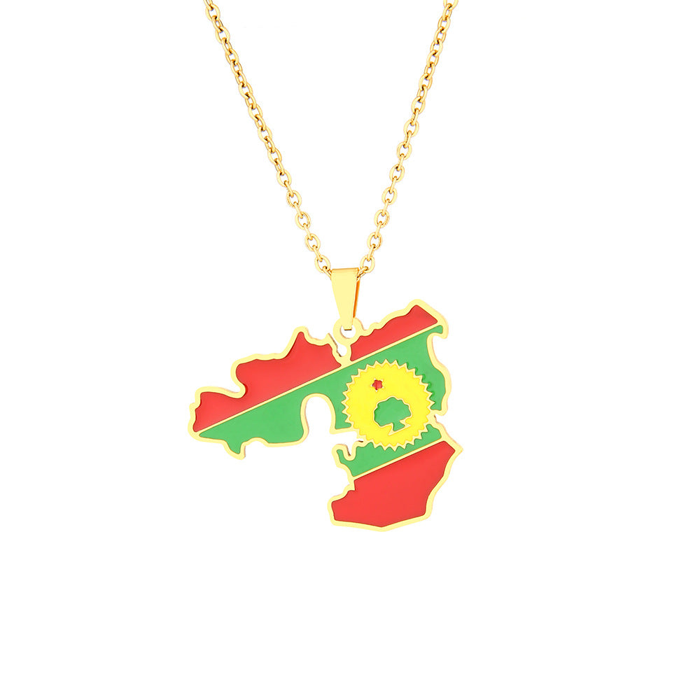 Collana con ciondolo a mappa geometrica in stile etnico in acciaio inossidabile con finitura smaltata, unisex