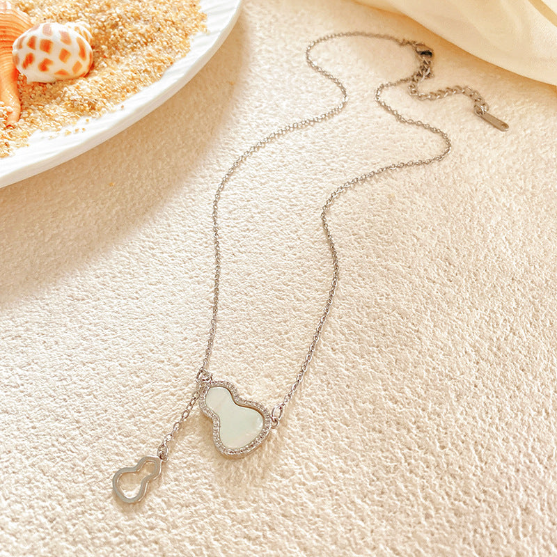 Unique Minimalist Titanium Steel Gourd Pendant Necklace with Shell Inlay and Tassel