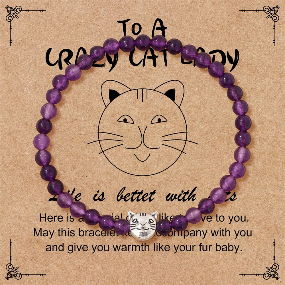 Amethyst Crystal Cat Bracelet for Women Handmade Elastic Bangle