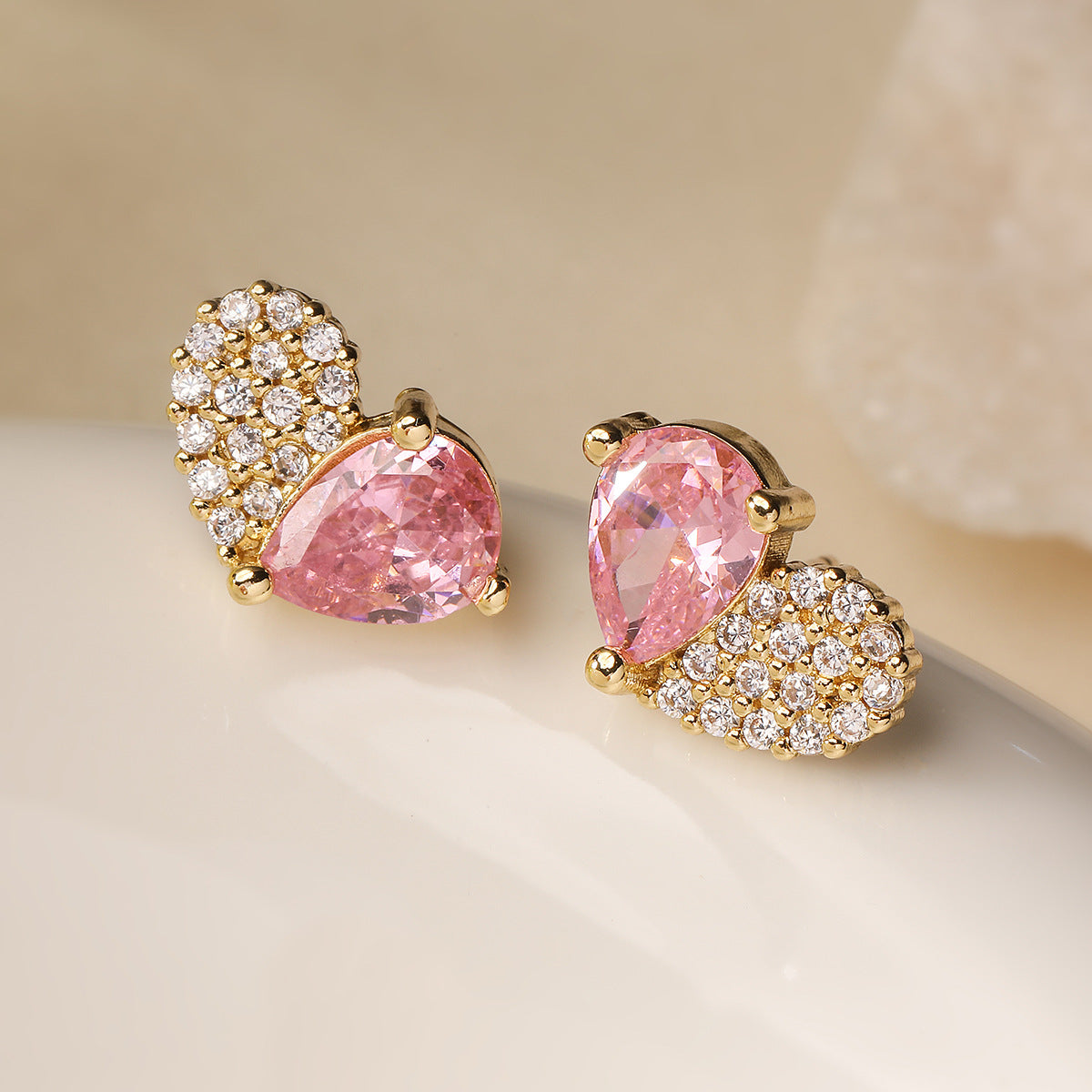 Minimalist Heart-Shaped Copper Earrings with 18K Gold Plating and Zircon Inlay for Women