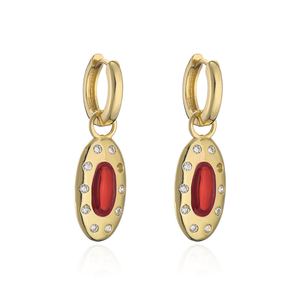 Minimalist Geometric Pendant Earrings in Copper with 18K Gold Plating and Enamel Finish, Micro-Paved Zirconia