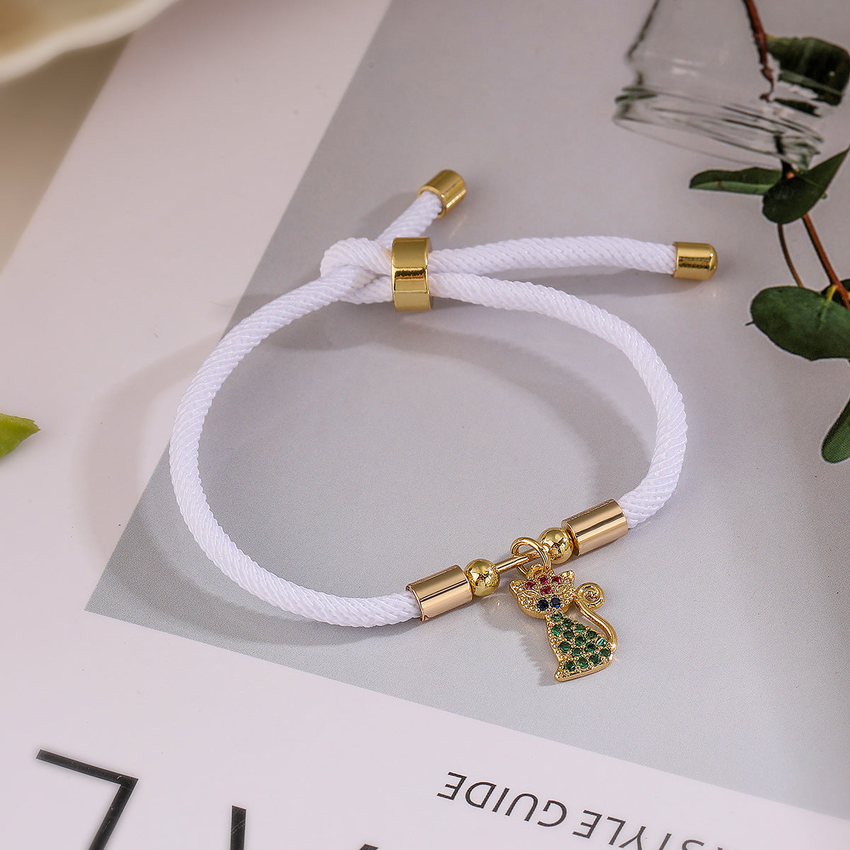 Geometric Pendant Adjustable Drawstring Bracelet for Women with Copper Base Plated in Real Gold and Micro-Paved Zirconia