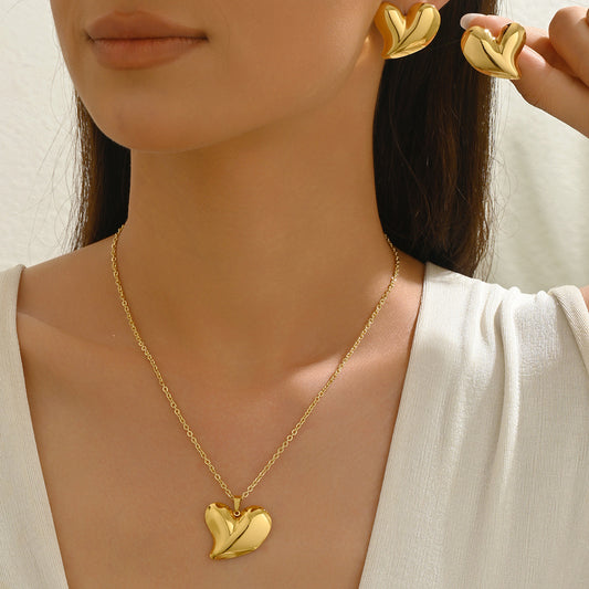 Collar con colgante de corazón geométrico minimalista con pendientes a juego en aleación con acabado de galvanoplastia para mujer