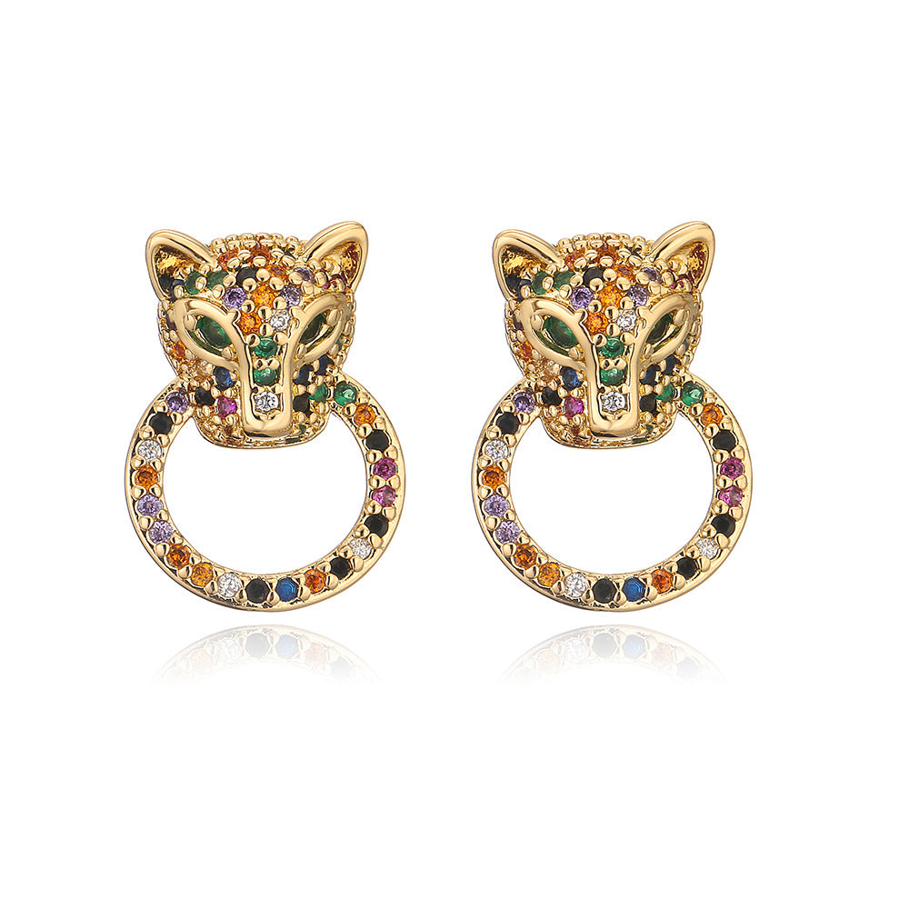 Geometric Style Copper Stud Earrings with 18K Gold Plating and Multicolor Zircon Accents