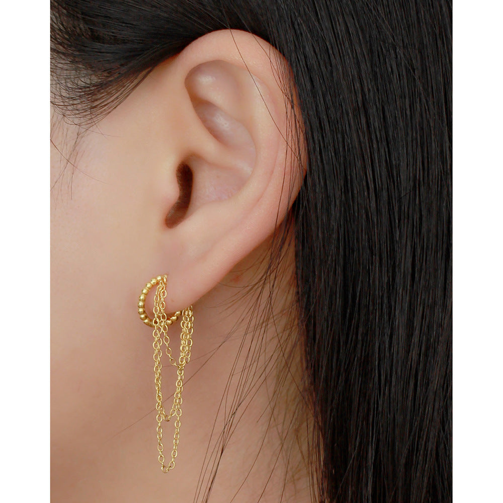 Sweet Streetwear 925 Sterling Silver Round Geometric Hoop Earrings with Tassel and Multi-layer Chains