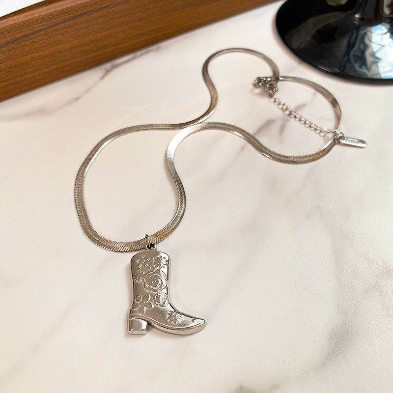 Vintage Titanium Steel Boot Pendant Snake Chain Necklace