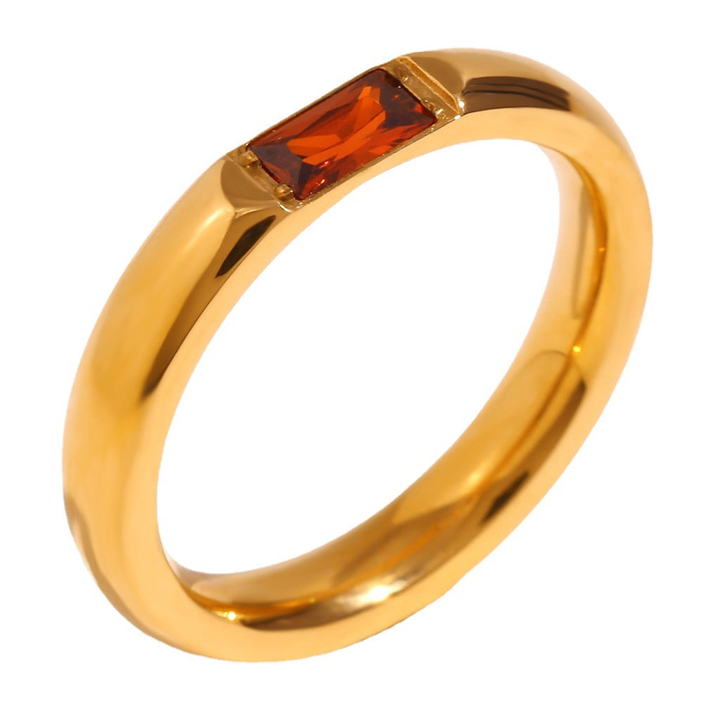 Anillo Minimalista Geométrico de Acero Inoxidable con Baño de Oro de 18K y Piedra Natal de Zirconia Rectangular para Mujer