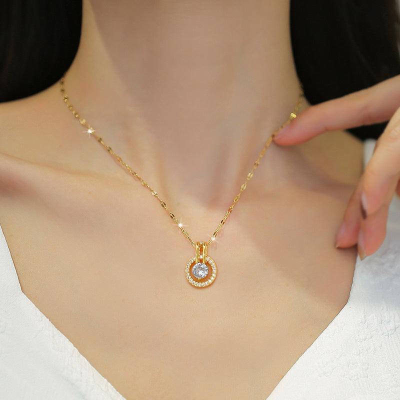 Collana con ciondolo a cerchio in titanio e strass di lusso per clavicola, gioielli geometrici delicati ispirati al vintage