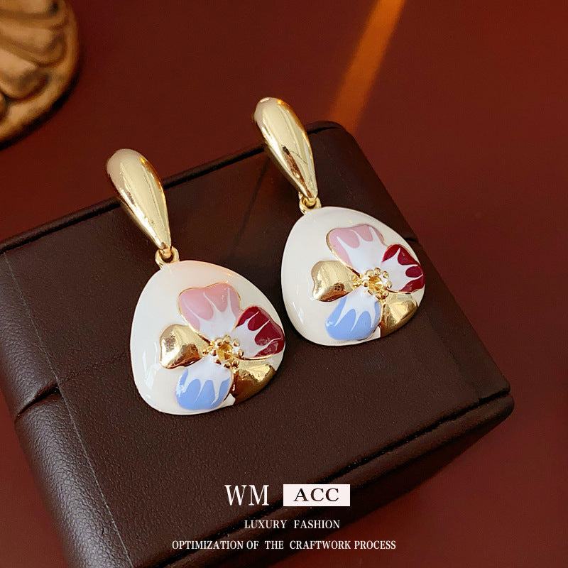 Vintage Floral Geometric Alloy Earrings with Enamel Finish and Steel Posts for Women