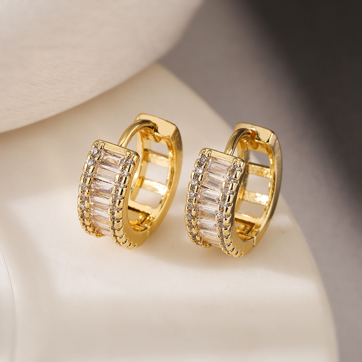 Minimalist Gold Plated Brass Geometric Round Hoop Earrings with Cubic Zirconia