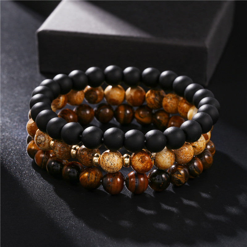 Bohemian Style Black Obsidian and Tiger Eye Beaded Stretch Bracelet for Women and Men