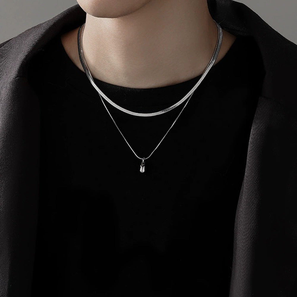 Collar minimalista de doble capa con colgante de lágrima en acero inoxidable con acabado pulido y cadena de serpiente, unisex