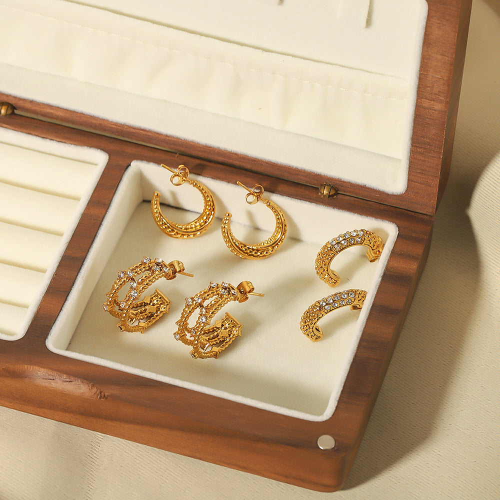 Geometric Stainless Steel Earrings with Zircon Inlay and Vacuum Gold Plating for Women