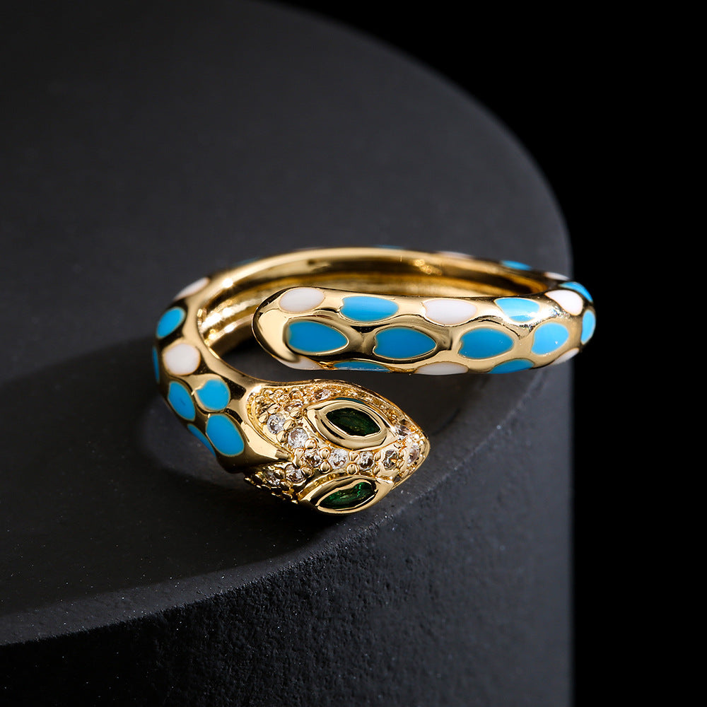 Vintage-Style Geometric Copper Ring with 18K Gold Plating and Enamel Coloring for Women