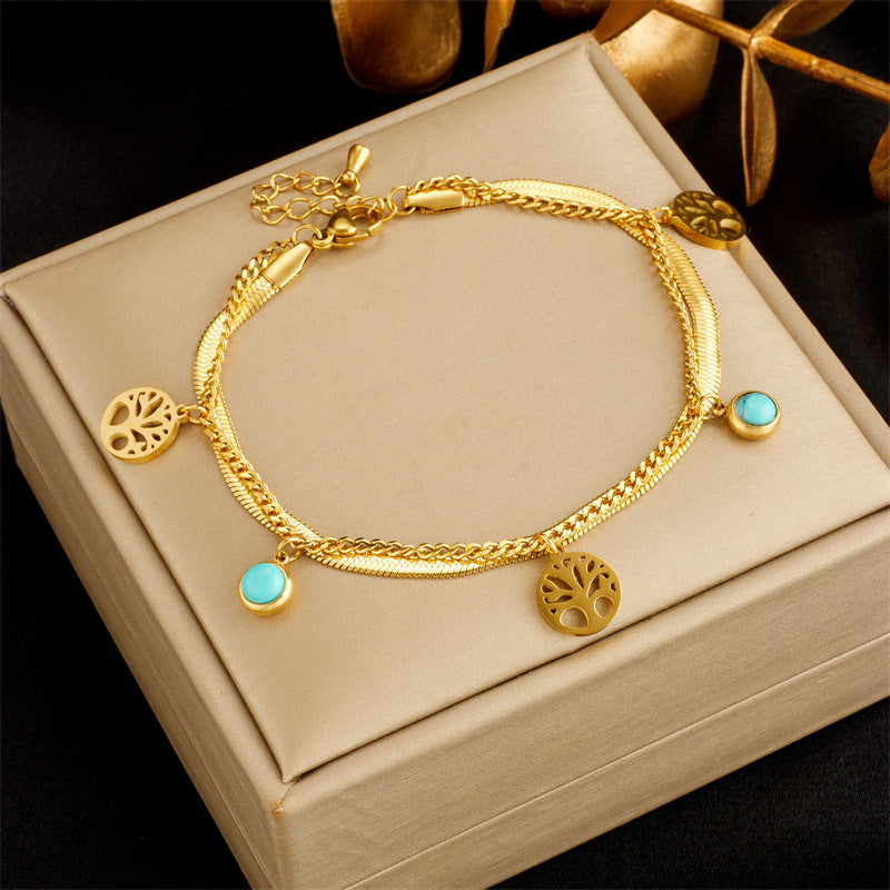 Bracciale da donna vintage minimalista con ciondolo rotondo Albero della Vita in turchese a doppio strato in acciaio al titanio
