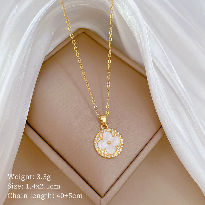 Luxury Titanium Steel Clover Shell Pendant Necklace and Earrings Set with Geometric Design for Women