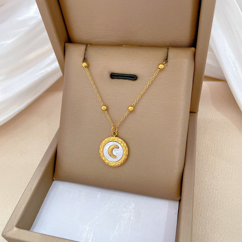 Minimalist Geometric Shell Moon Pendant Necklace in Titanium Steel with Gold Plating for Women and Men
