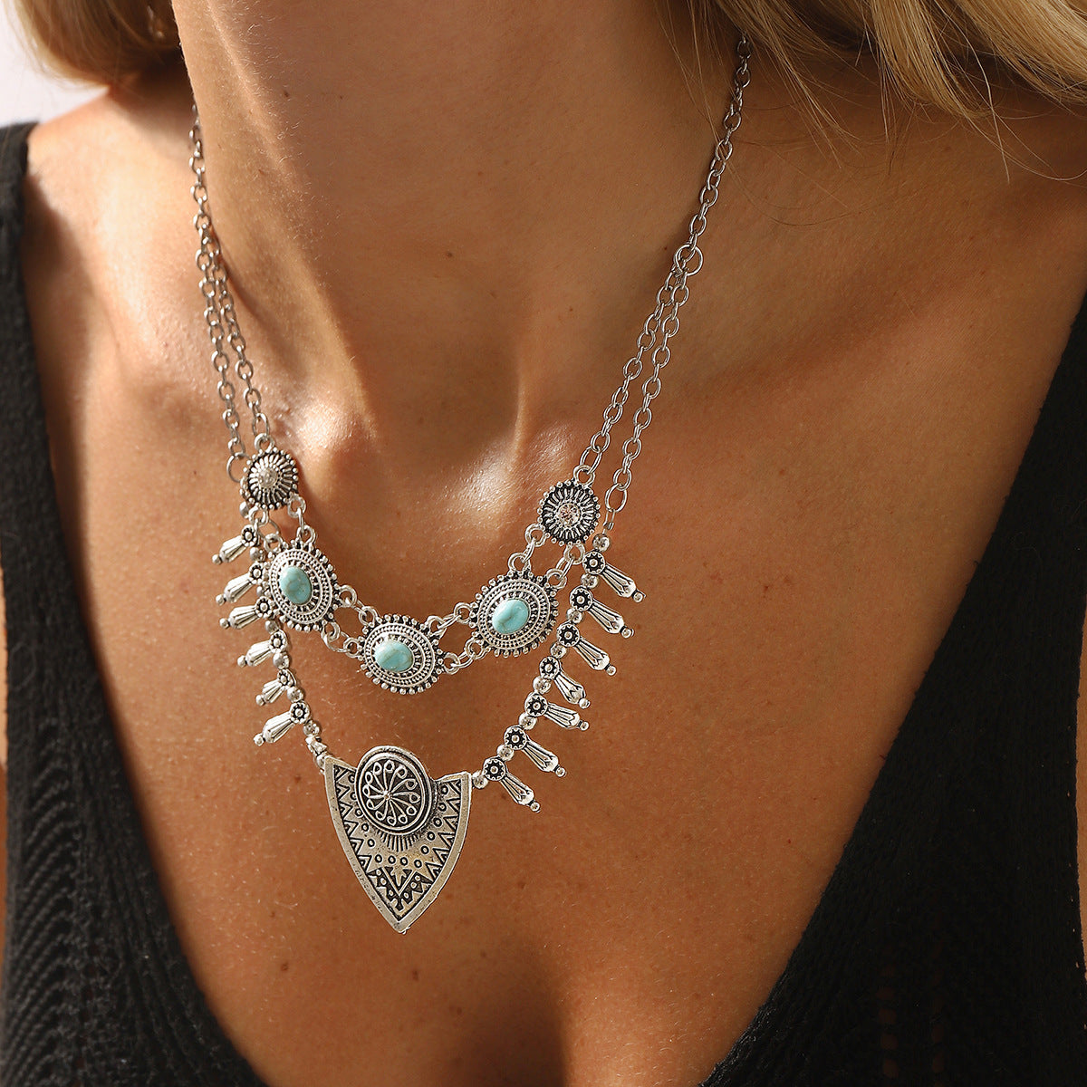 Collana Etnica Bohemien Vintage Turchese con Pendente Geometrico in Lega di Zinco Placcato per Donna