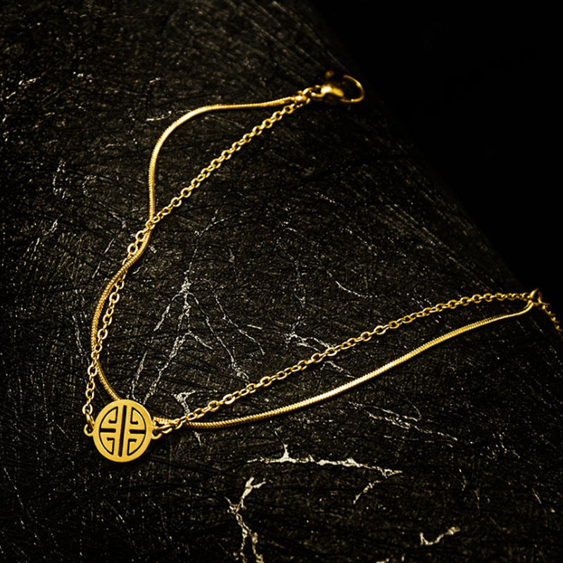 Vintage-Inspired Double-Layer Lucky Fu Character Bracelet for Women in Titanium Steel with Vacuum Plating and Geometric Circle Design