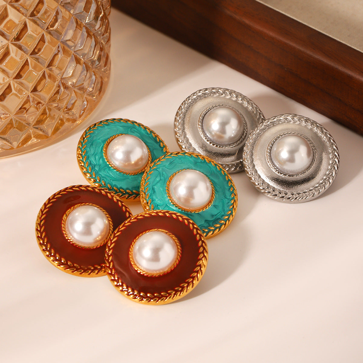 Vintage French Palace Style Geometric Stainless Steel Enamel Earrings with Pearl Inlay for Women