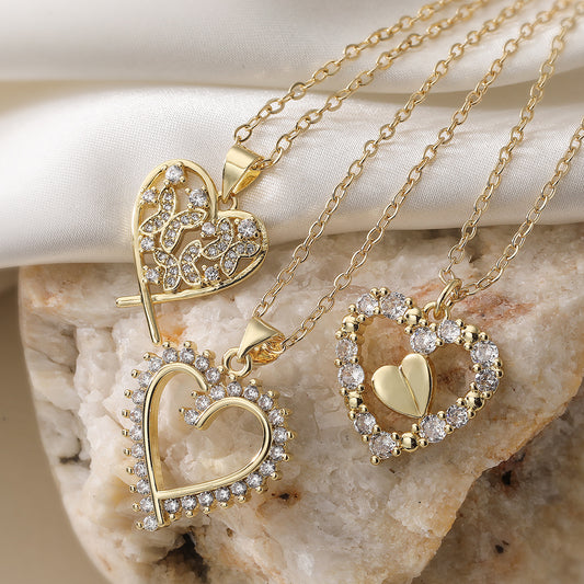 Minimalist Elegant 18K Gold Plated Brass Heart Cubic Zirconia Pendant Necklace for Women