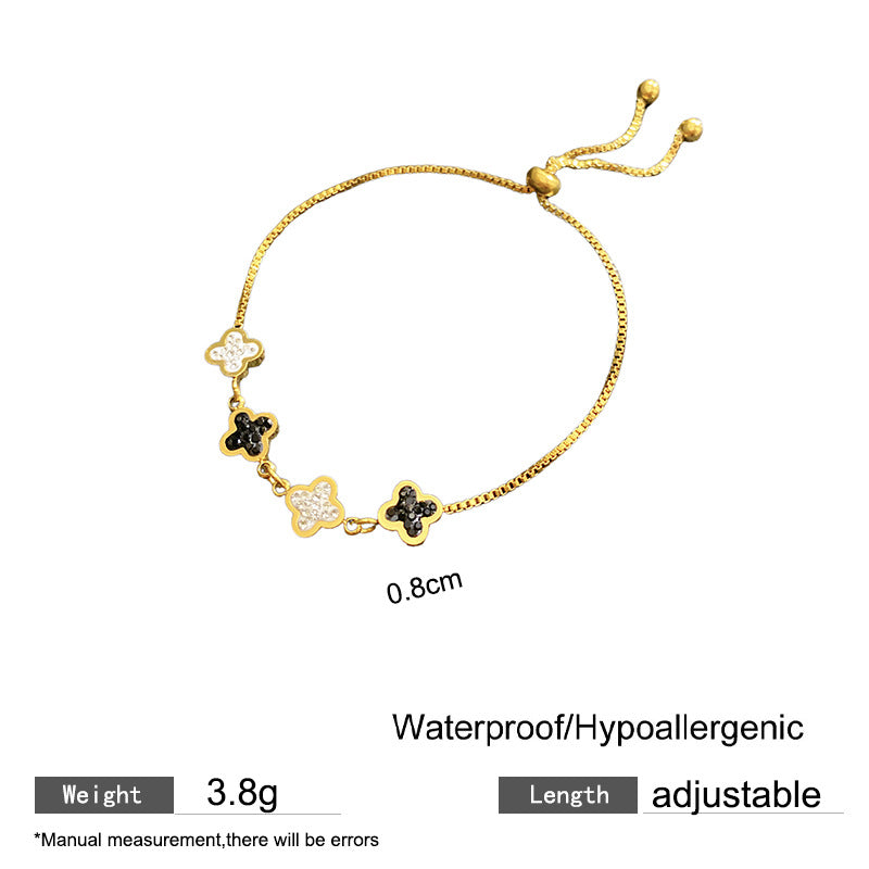 Minimalist Sweet Micro-Set Cubic Zirconia Black and White Four-Leaf Clover Floral Plated Titanium Steel Bracelet for Unisex