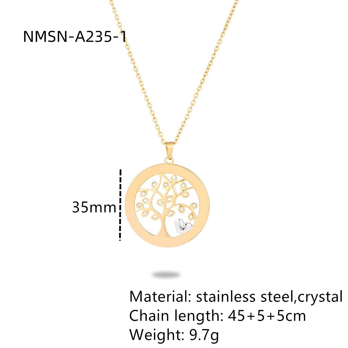 Collana con ciondolo a cuore Albero della Vita minimalista da donna in acciaio al titanio con intarsio di strass e finitura placcata
