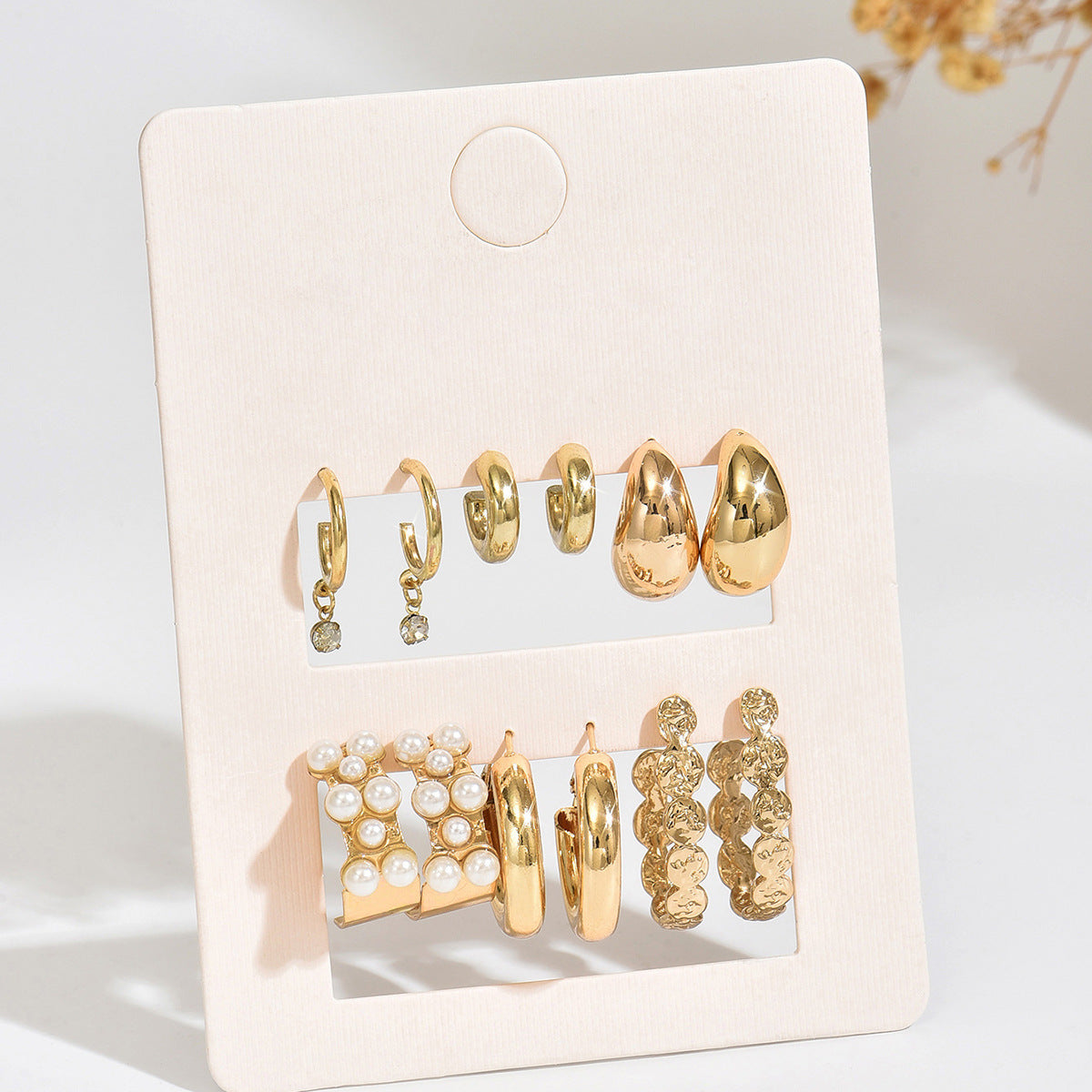 Vintage Business Geometric Square Round Alloy Plated Hoop Earring Set with Pearl Inlay for Women