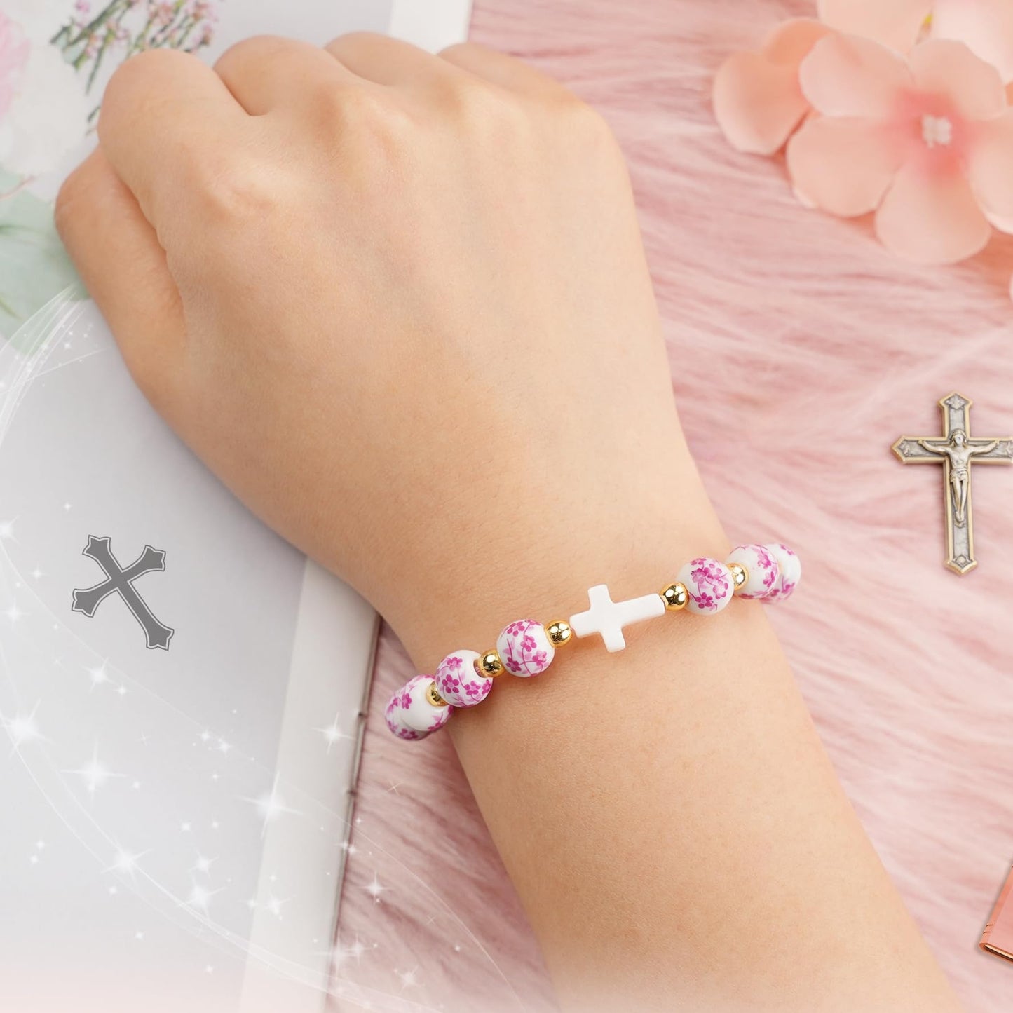 Vintage Elegant Ceramic Cross Charm Bar Bracelet with Floral Pattern and Gold Spacer Beads for Women