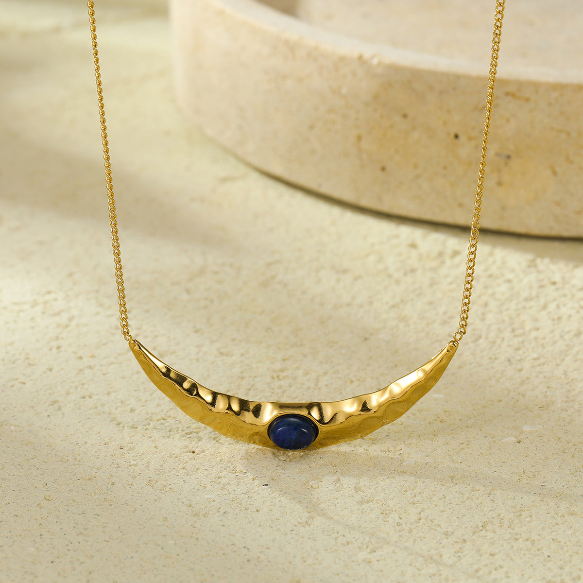 Vintage French Minimalist Stainless Steel Crescent Moon Pendant Necklace with Natural Stone Inlay, Hypoallergenic and Fade-Resistant Clavicle Chain