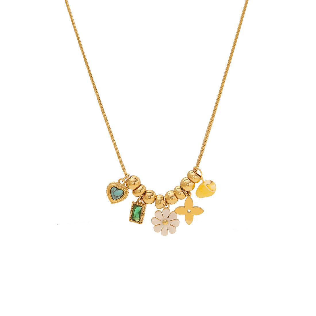 Creative Floral Bee Pendant Necklace in Stainless Steel with Simulated Pearl and Turquoise Beads on Snake Chain