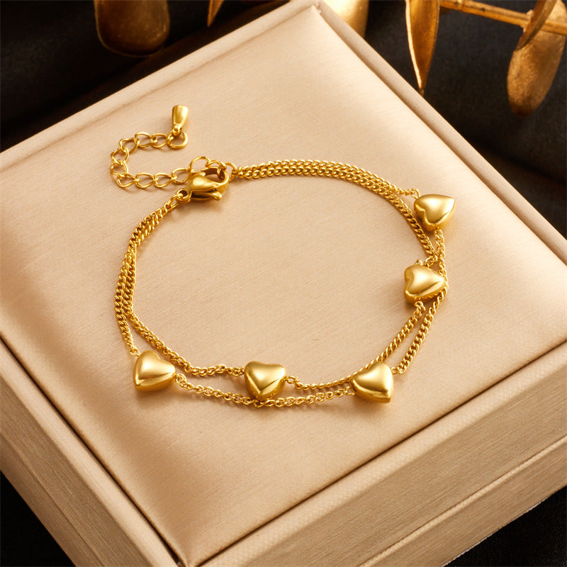 Minimalist Fashionable Double-Layer Snake Chain Heart-Shaped Titanium Steel Bracelet for Women with Plated Finish