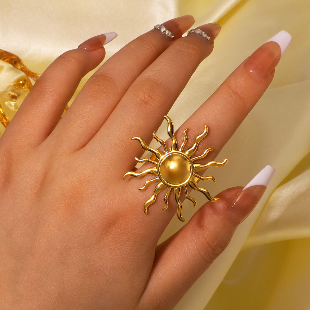 Anello in acciaio inossidabile placcato oro stile francese vintage a forma di sole geometrico per donne e uomini
