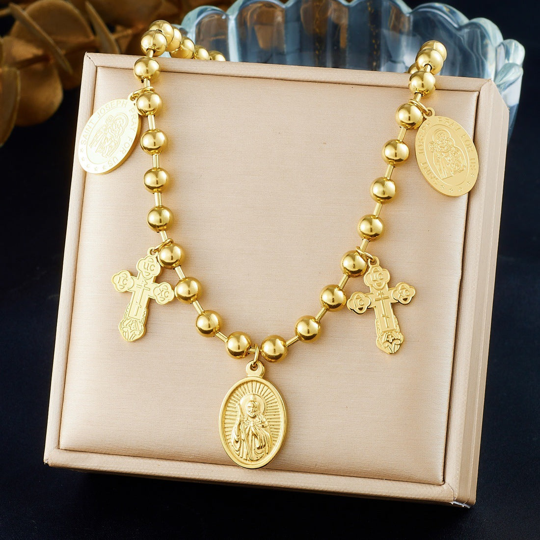 Vintage Gold Plated Stainless Steel Oval Cross Portrait Pendant Ball Chain Necklace