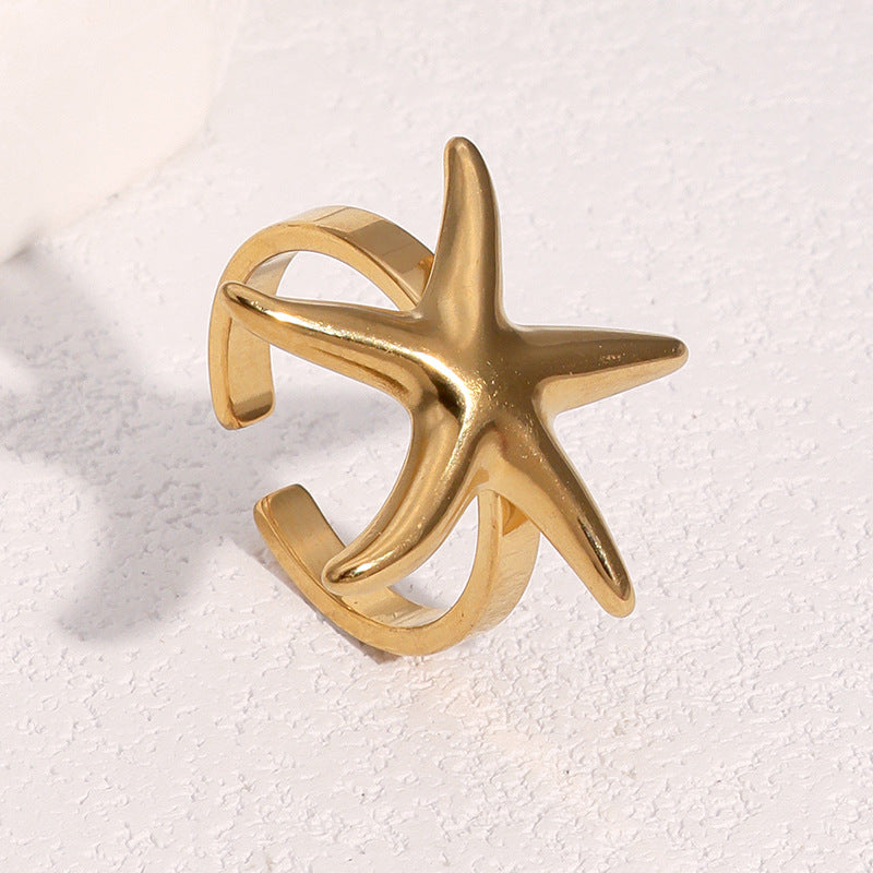 Minimalist 18K Gold Plated Stainless Steel Starfish Open Adjustable Ring for Women