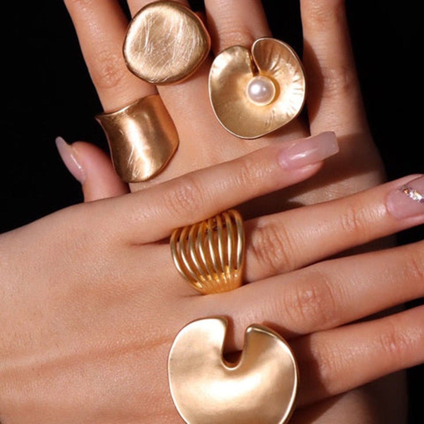 Geometric Plated Stainless Steel Ring with Pearl for Women