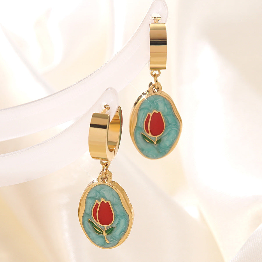 Aretes de acero inoxidable con esmalte de aceite floral de lujo elegante de rosa para mujer