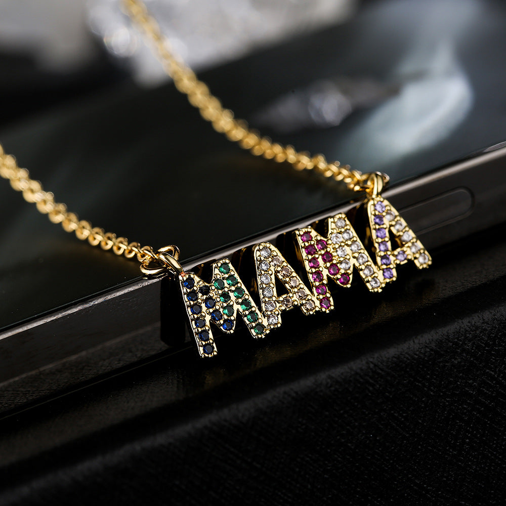 European Style Geometric MAMA Pendant Necklace 18K Gold Plated Copper with Cubic Zirconia for Women