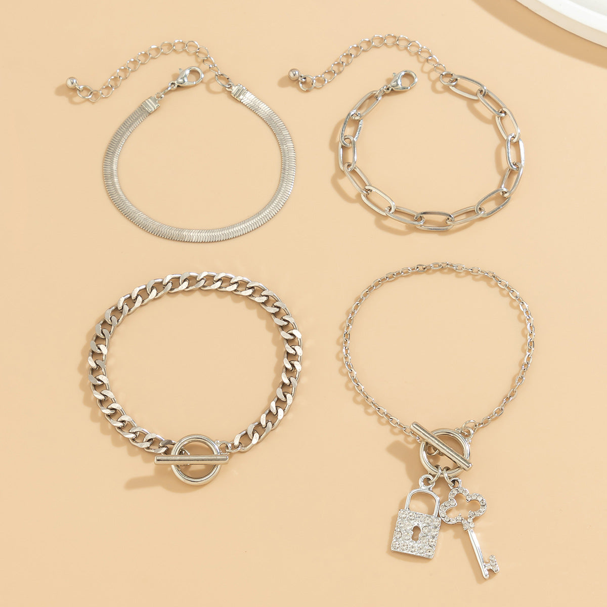 Vintage Luxury Rhinestone Lock and Key Charm Bracelet with Snake Chain Alloy Plated Jewelry for Women