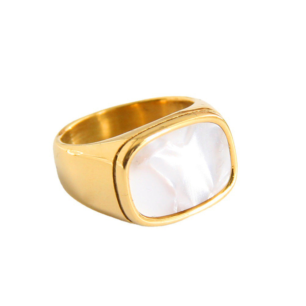 Anello geometrico in madreperla in acciaio al titanio placcato oro 18 carati da donna