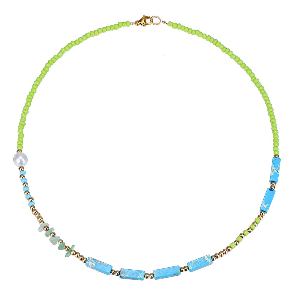 Bohemian Asymmetric Geometric Pearl Necklace with Turquoise Pendant