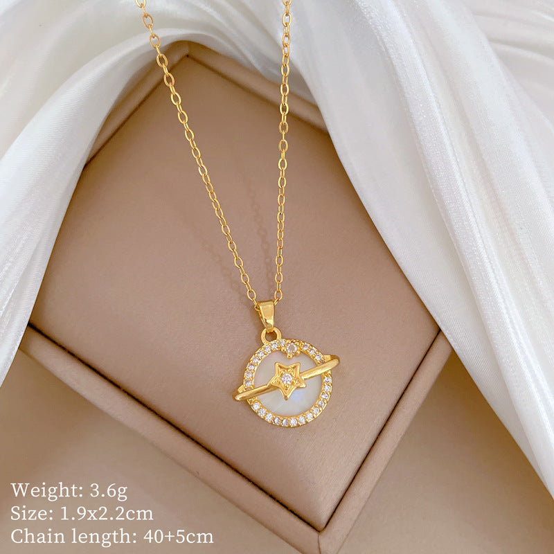 Luxury Titanium Steel Geometric Moon Shell Planet Pendant Necklace for Women with Rhinestone Inlay and Delicate Clavicle Chain