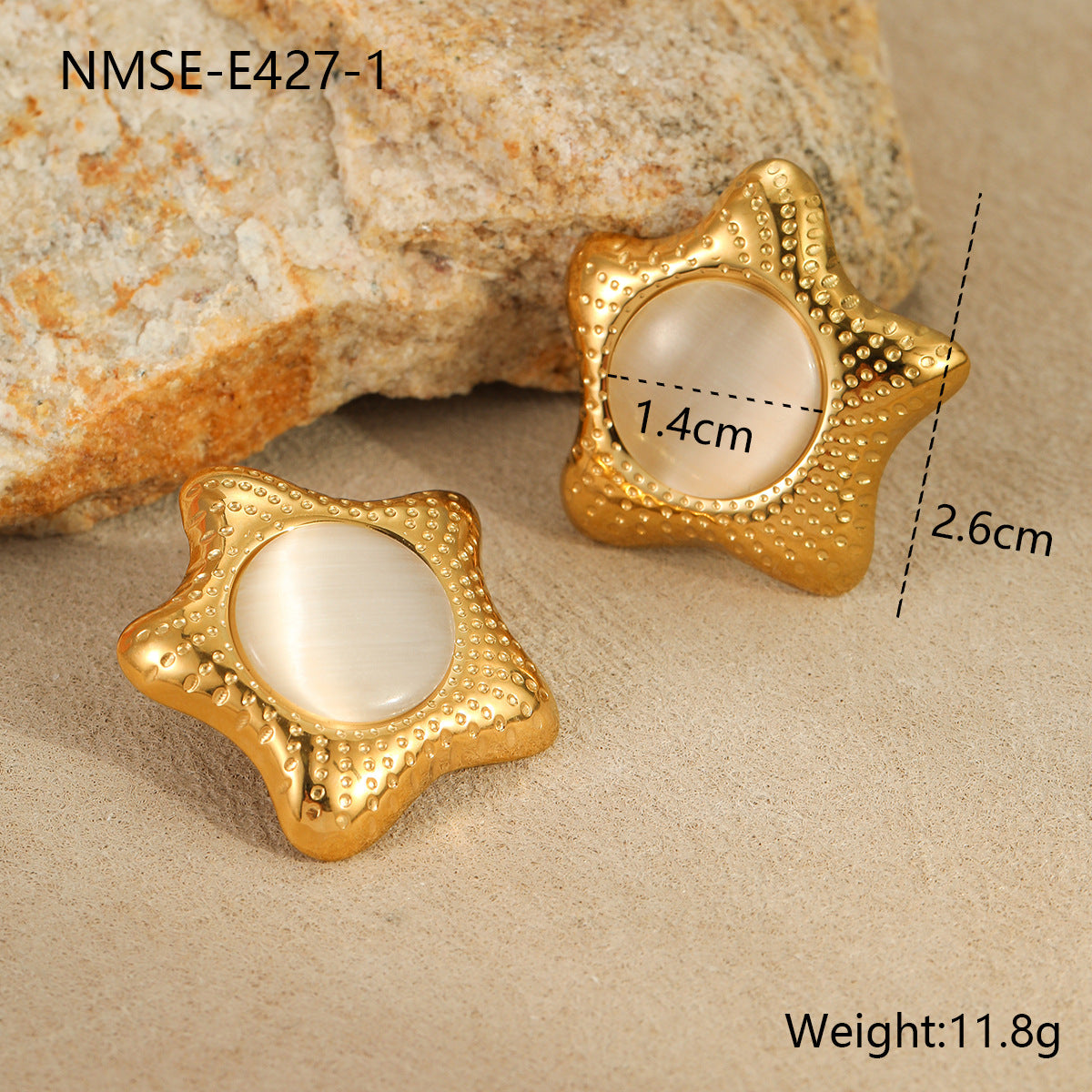 Pendientes y Anillo Minimalistas de Acero de Titanio con Forma de Estrella, Incrustación de Ojo de Gato, Joyería de Acero Inoxidable Galvanizado para Mujer