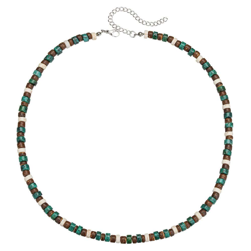 Bohemian Minimalist Geometric Round Coconut Shell Turquoise Stainless Steel Handmade Cable Chain Necklace for Unisex