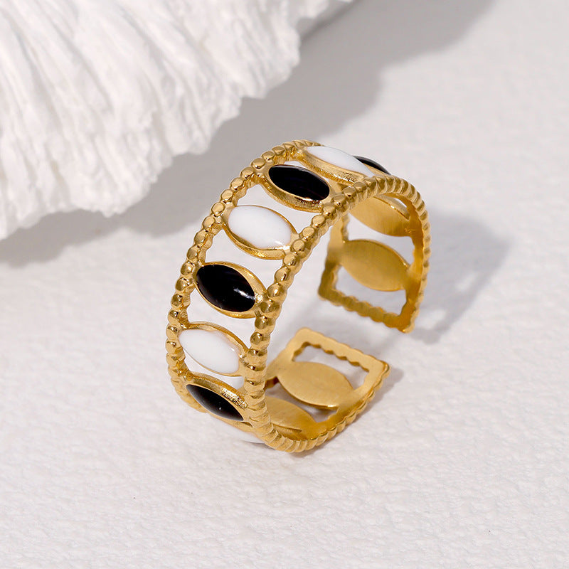 Vintage French-Style Geometric Enamel Gold-Plated Stainless Steel Open Ring for Women