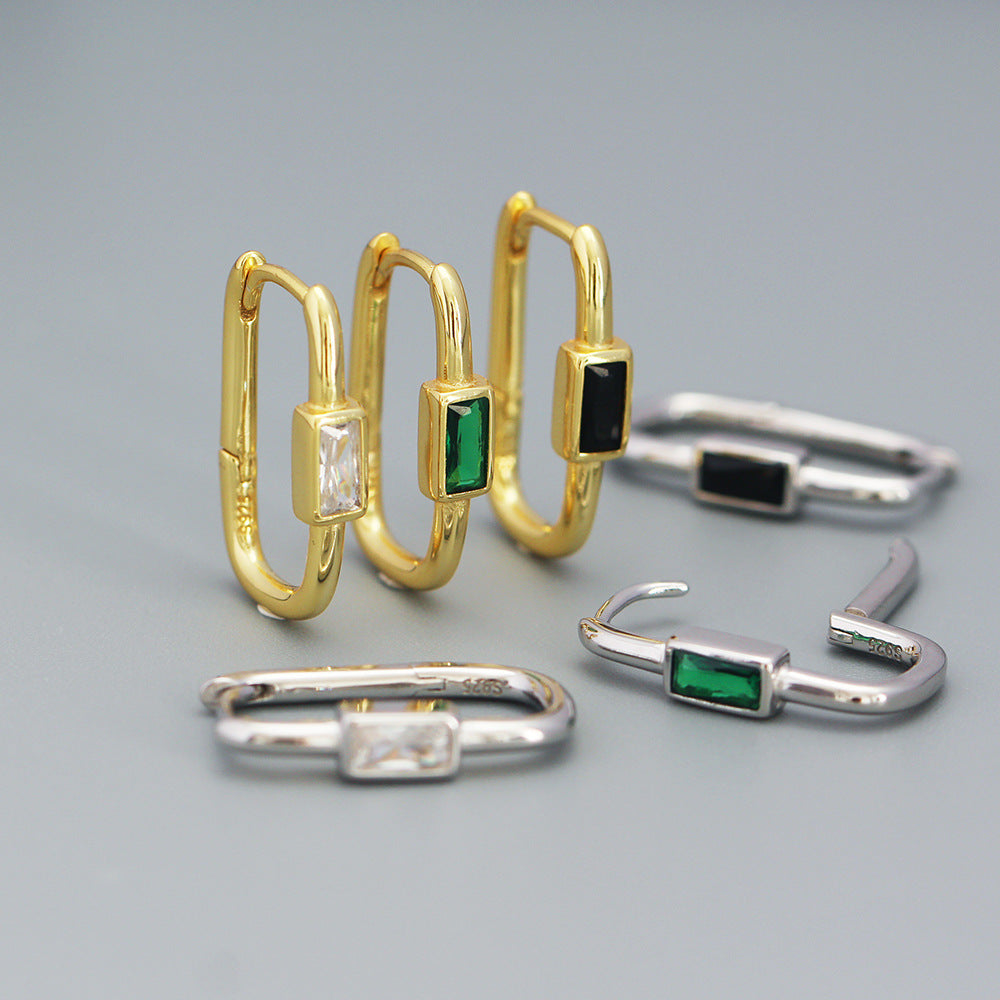 Geometric Fashion-Commuter Style S925 Sterling Silver Ear Clips with Colorful Zircon Inlay