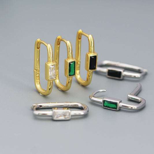Orecchini a Clip in Argento Sterling S925 Stile Geometria-Commuter con Intarsio di Zirconi Colorati